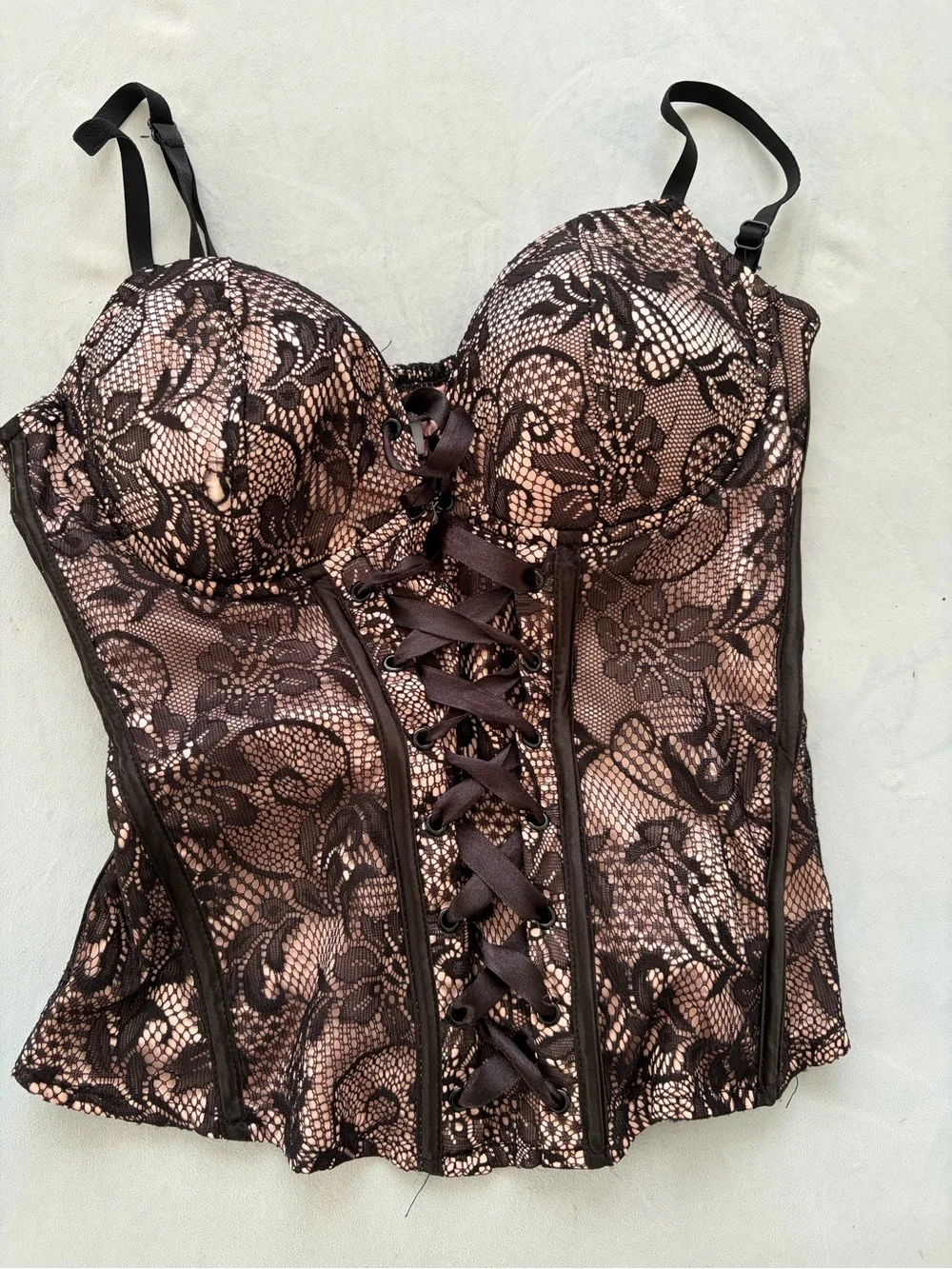 Charlotte Russe Black Lace Over Nude Corset Bustier